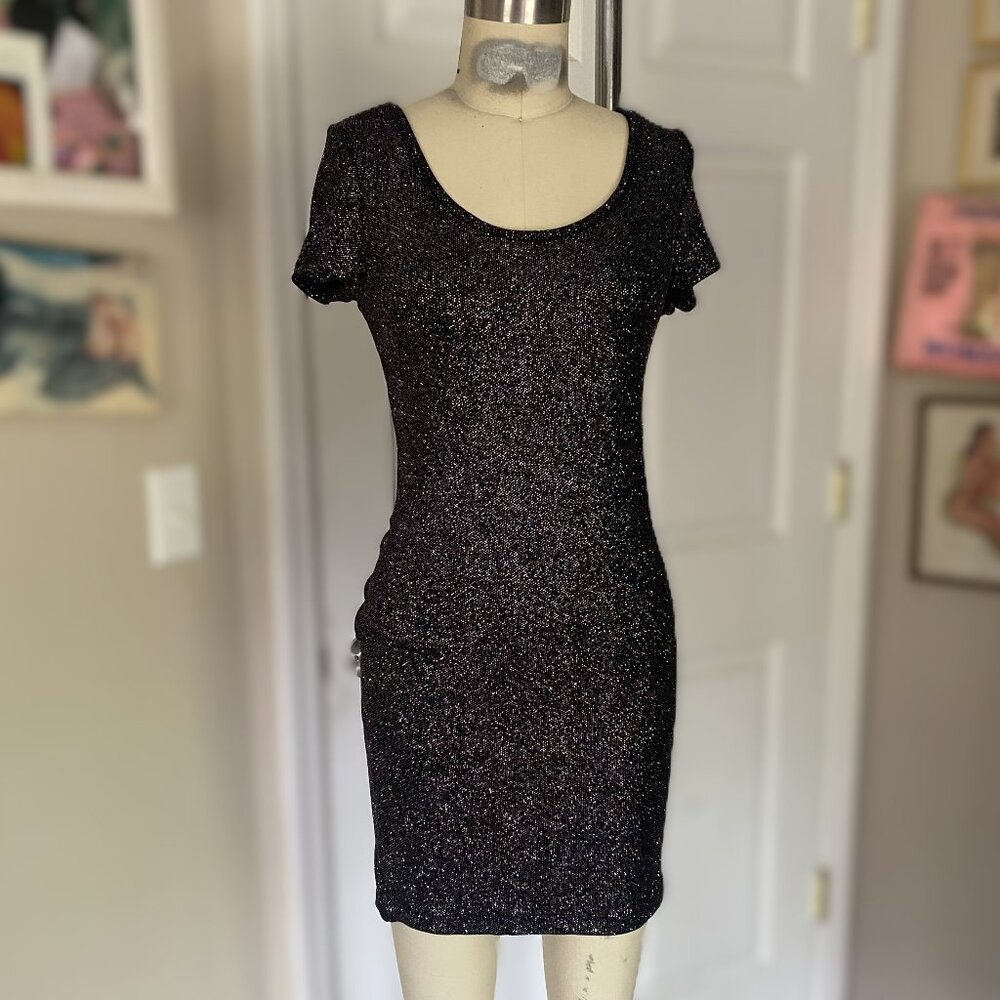 FOREVER 21 Black METALLIC Stretchy Rayon CLUB Wiggle Bandage Mini Dress *MEDIUM*
